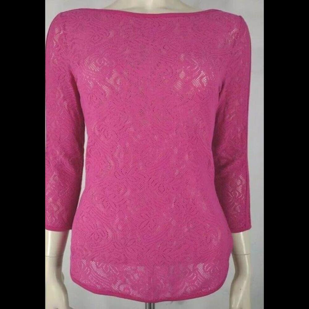 👠👚🩷 Cache Pink Sheer Laser Cut Stretch Lace 3/4 Sleeve Top Sz M